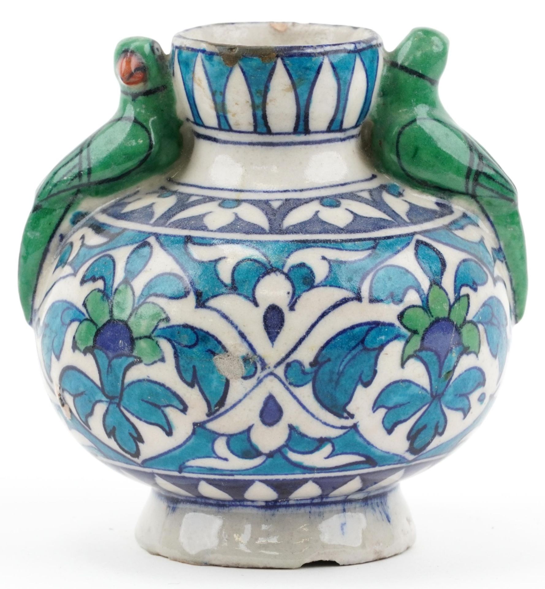 Iznik hand painted pottery floral vase with bird handles, 13cm high