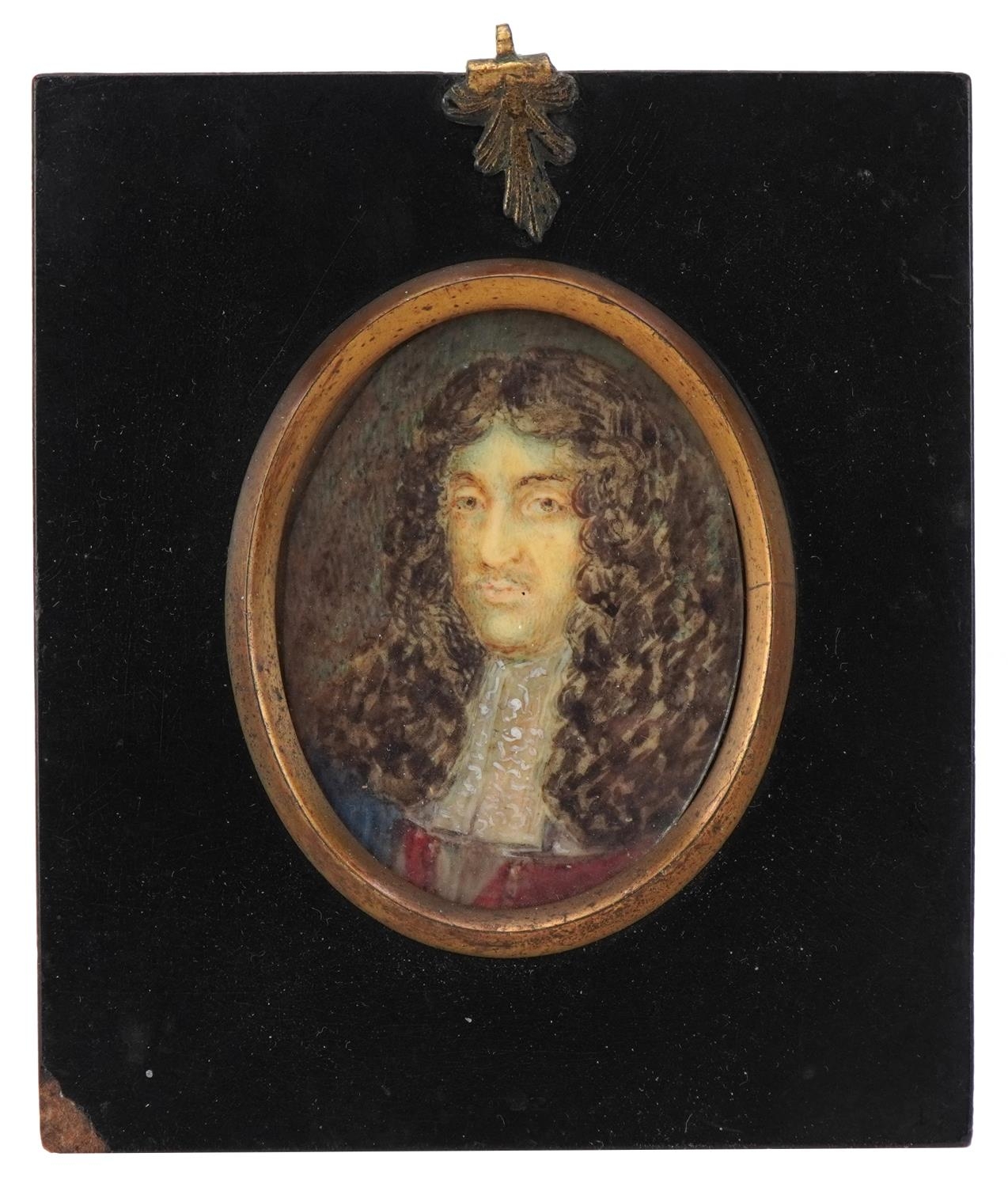 19th century oval portrait miniature of a gentleman in an ebonised wood frame, 11cm x 9.5cm