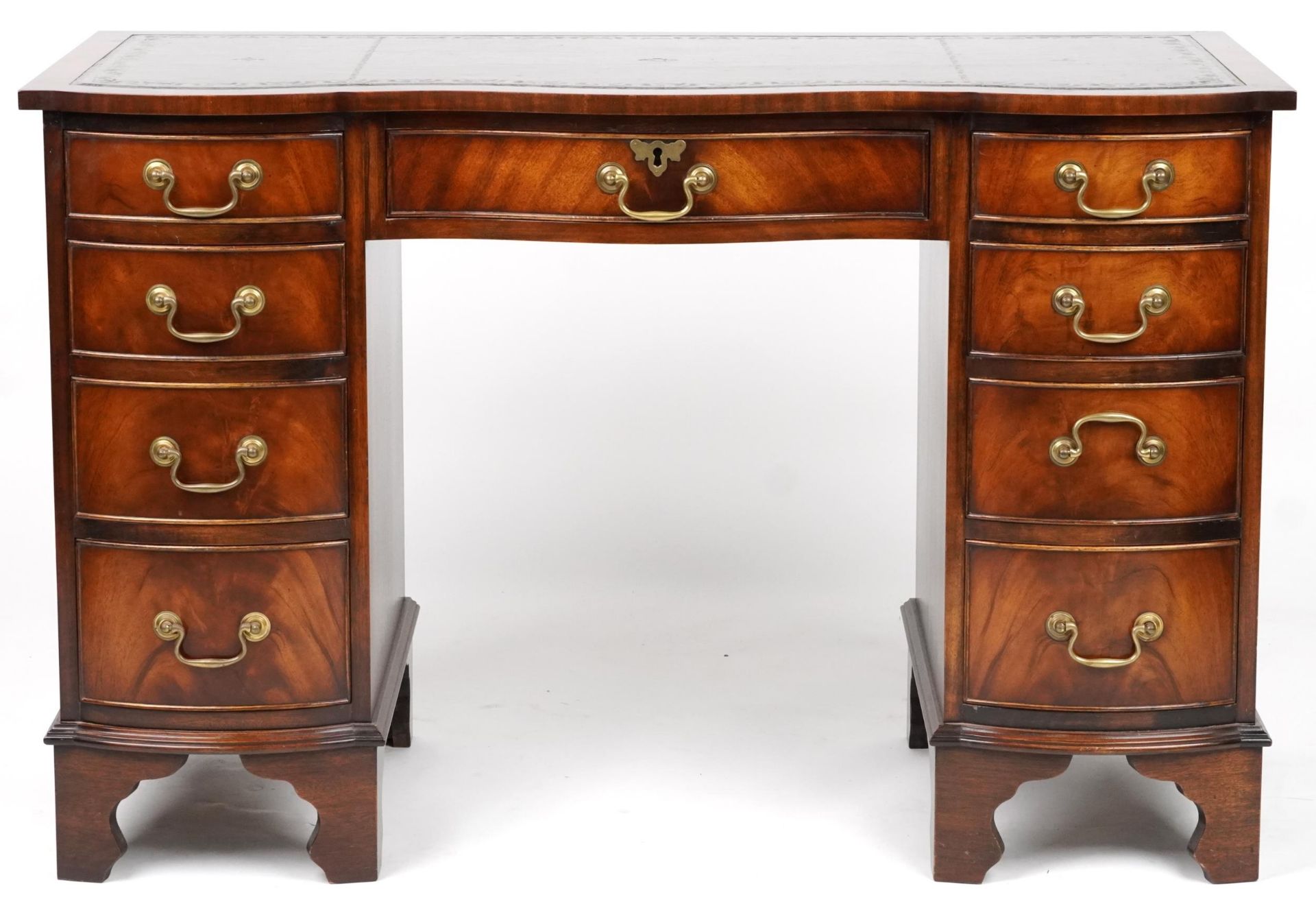 Mahogany serpentine front twin pedestal desk and a mahogany chair, the desk with nine drawers and - Image 3 of 9