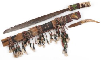 African Dayak head hunter's sword with horn handle and painted hardwood sheath, Mandau, 65cm in