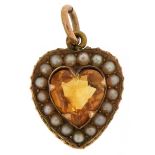 9ct gold citrine and seed pearl love heart pendant, 1.8cm high, 2.2g