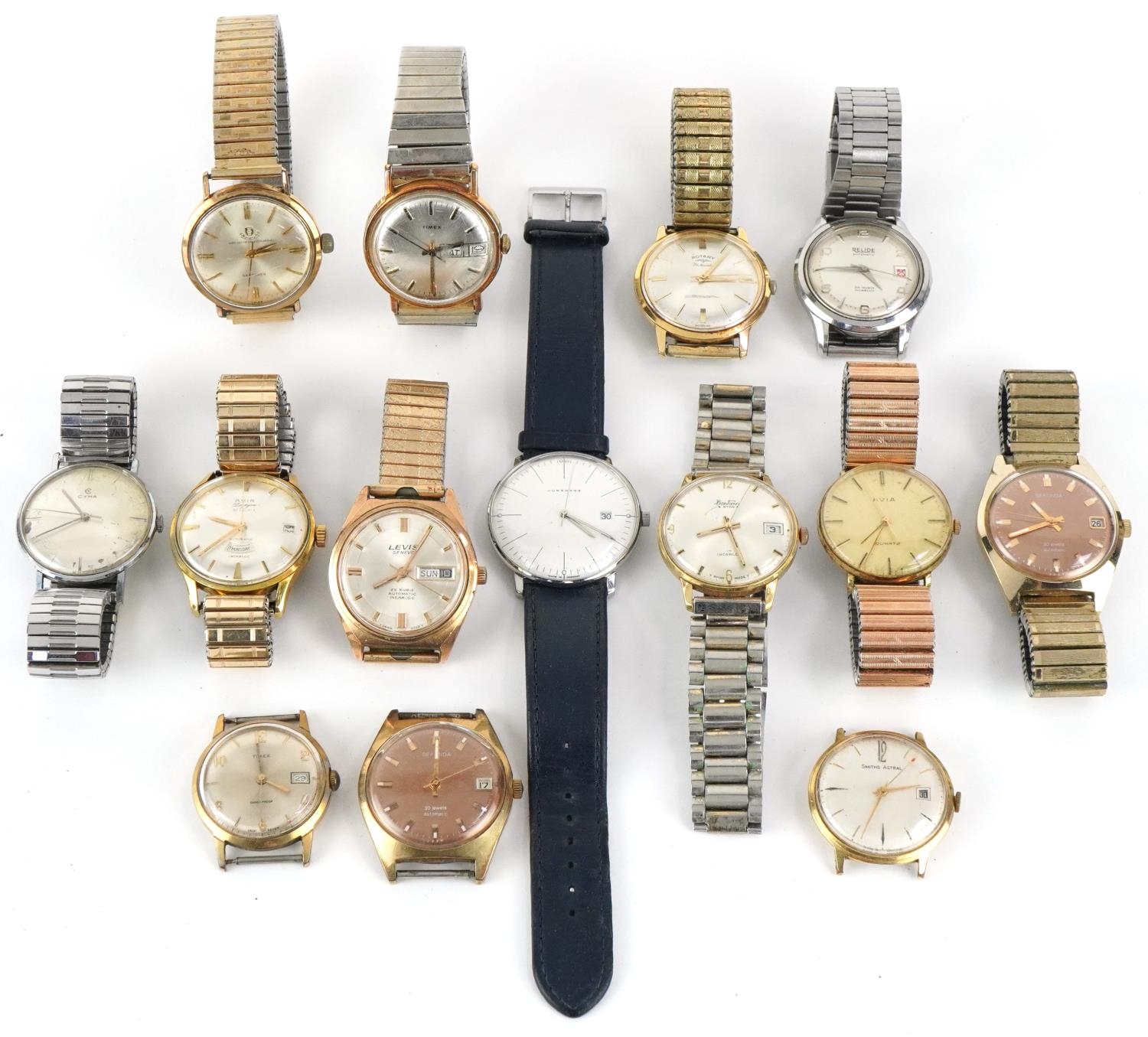 Fourteen vintage gentlemen's wristwatches including Junghans, Levis, Sekonda, Cyma, Avia, Bentima,