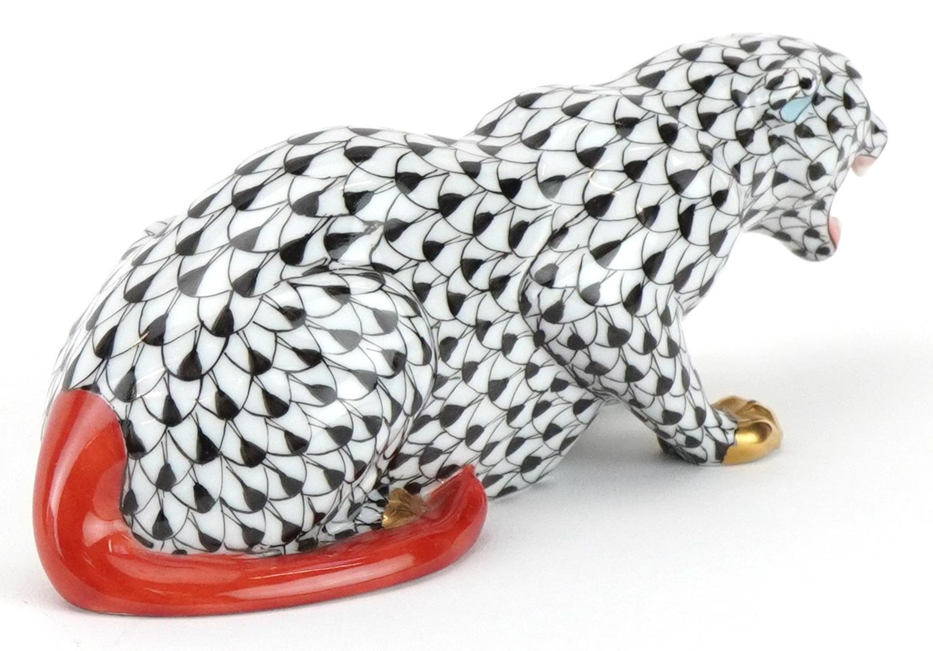 Herand, Hungarian hand painted fishnet pattern porcelain model of a jaguar, stamp to the base and - Bild 2 aus 3