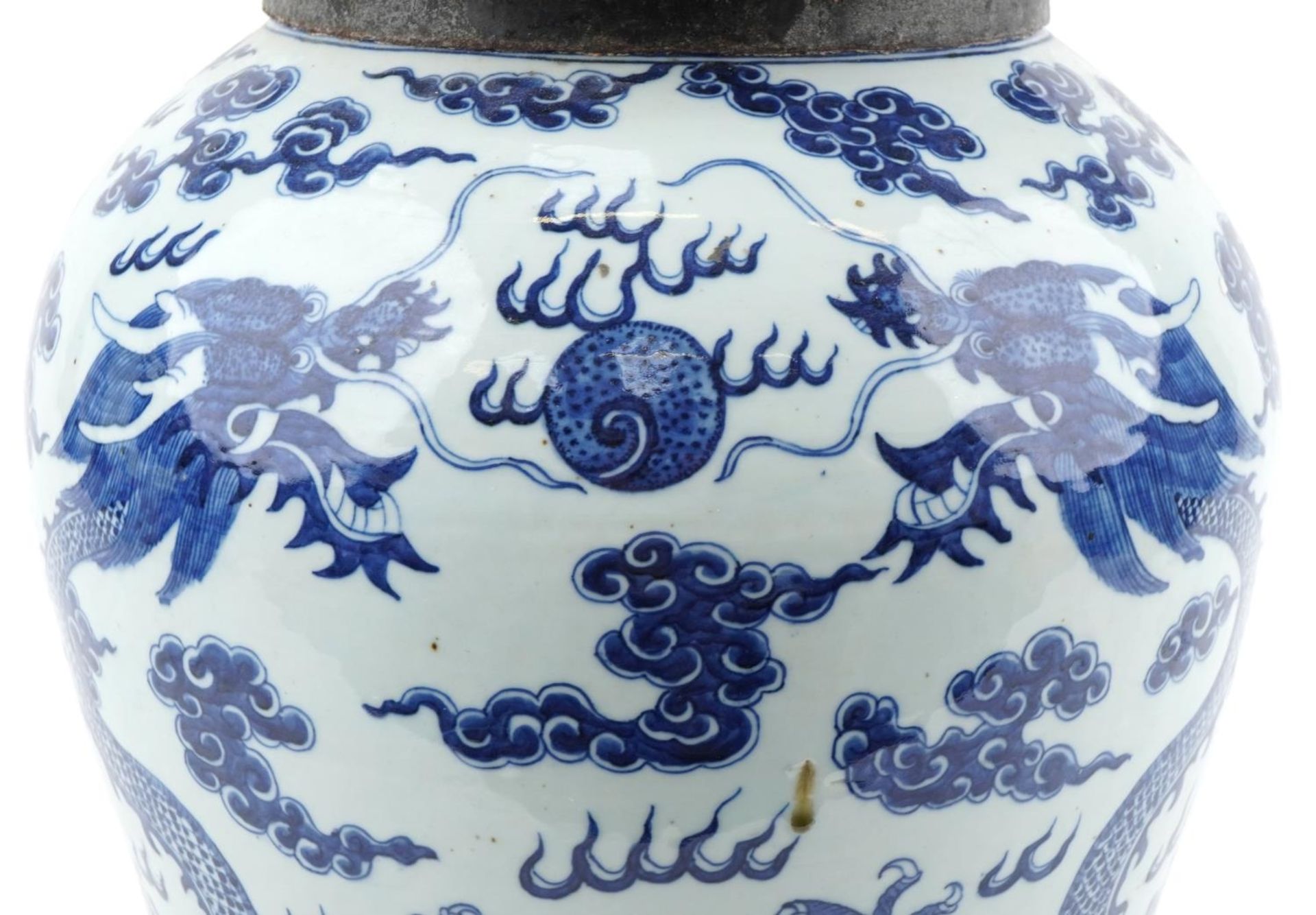 Large Chinese Kangxi jar and cover hand painted with a dragon chasing the flaming a pearl, 66cm high - Image 2 of 7