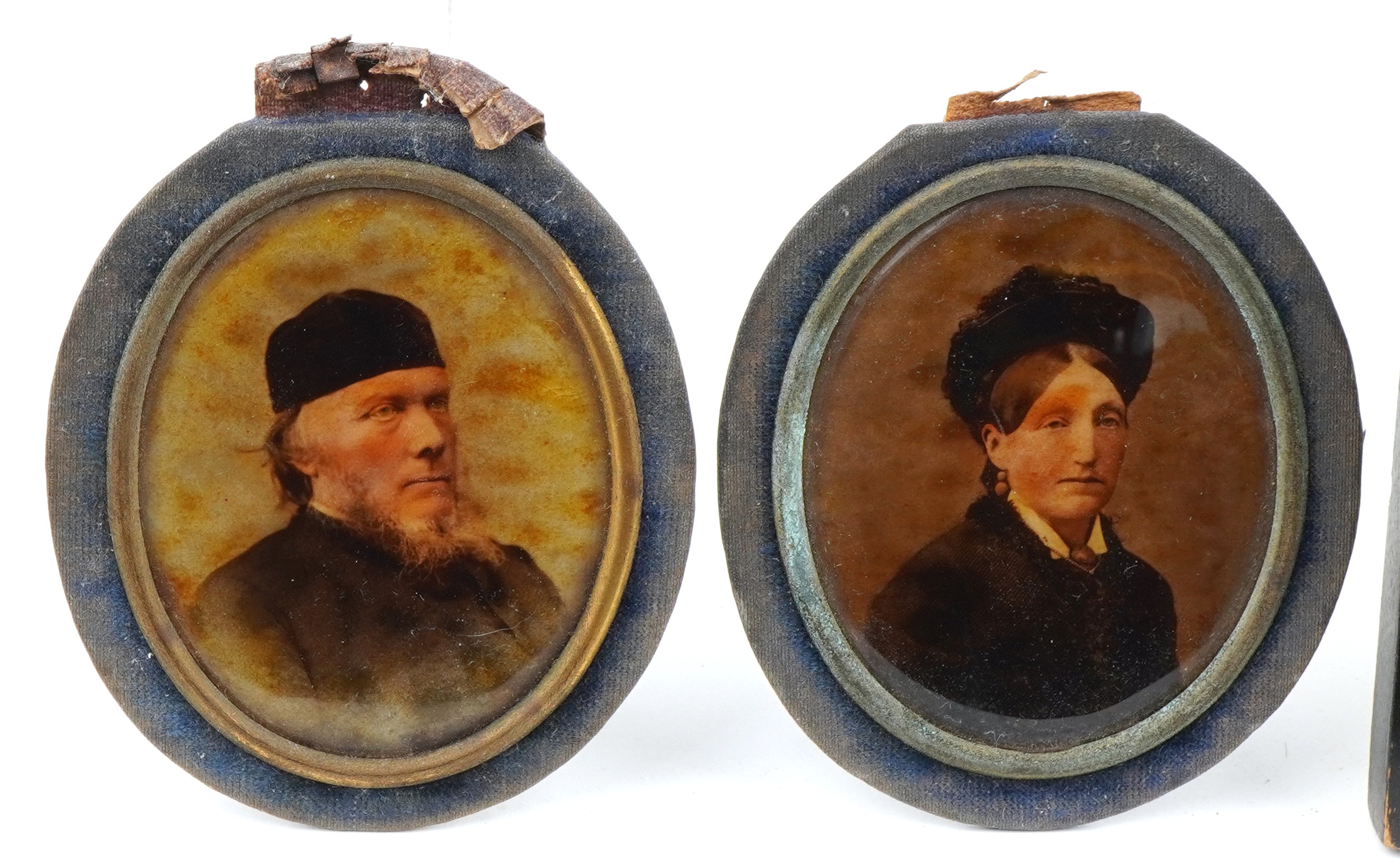 Four hand painted portrait miniatures and photographs, two housed in ebonised frames, including an - Image 2 of 4
