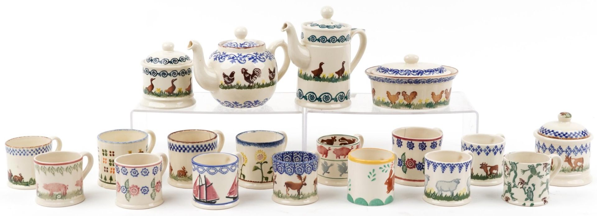 Brixton pottery hand painted with animals including mugs, storage jars and teapot, the largest 21.