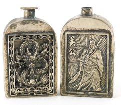 Pair of Chinese silvered metal scent bottles, character marks to the bases, each 6cm high