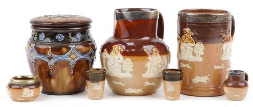 Royal Doulton stoneware including an Art Nouveau jar and cover, Toby tankard with silver rim and