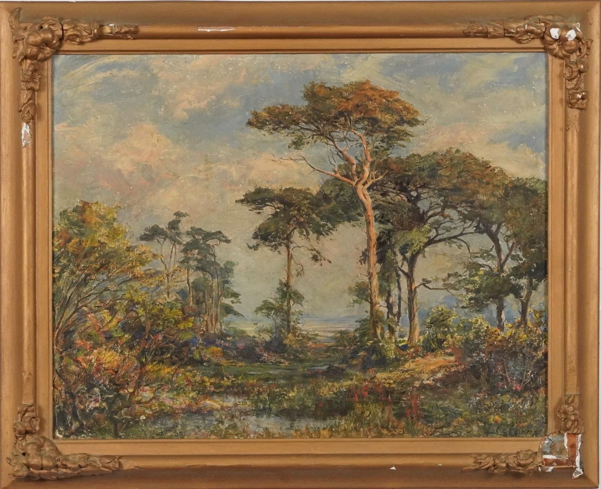 L Colberne ?- Wooded trees and landscape, oil on board in a gilt frame, 57cm x 44cm excluding the - Bild 2 aus 4