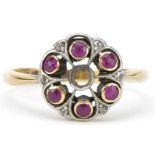 Art Deco 18ct gold ruby and diamond cluster ring, size O, 2.8g