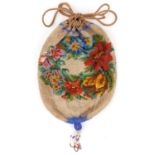 Victorian floral beadwork drawstring purse, 29cm high