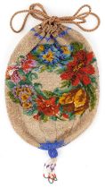 Victorian floral beadwork drawstring purse, 29cm high