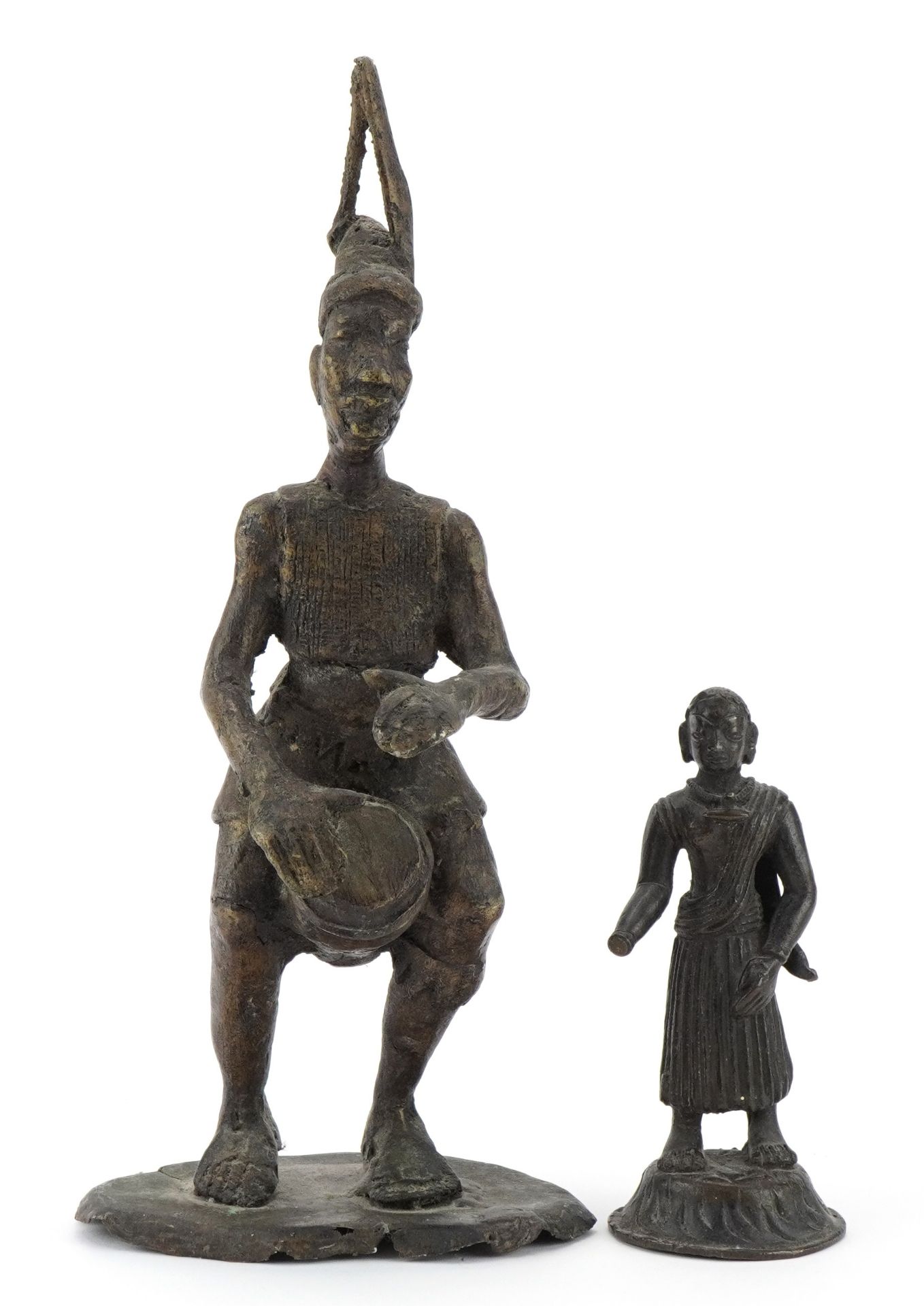 Bronze figure of an Indian god together with a bronze African statue of a drumming man, the