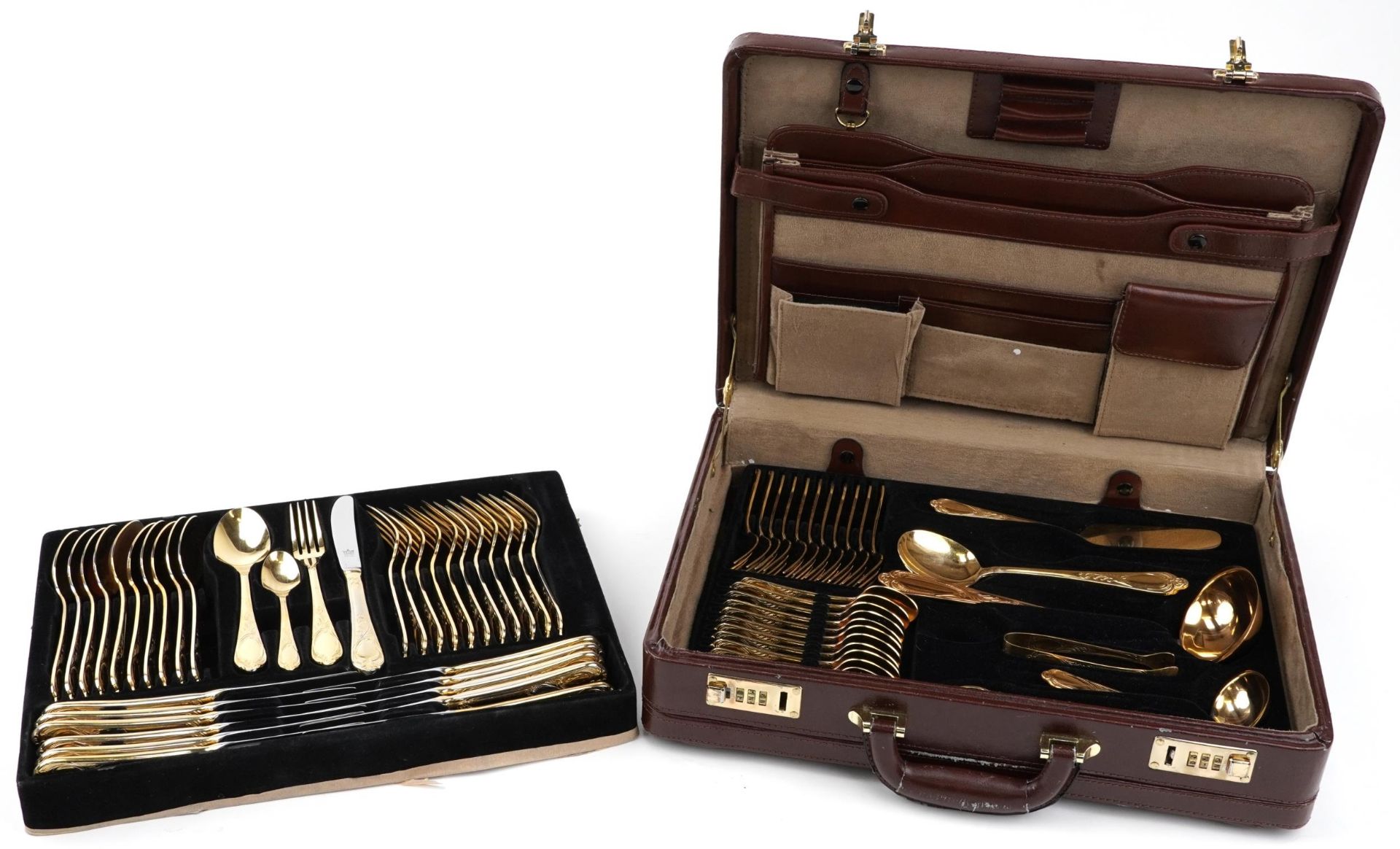 German SBS canteen of gold plated cutlery housed in a brown leather brief case, 45.5cm wide