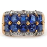 9ct gold blue spinel and diamond four row cluster ring, size P, 4.4g