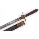 German military interest hunting dagger with leather scabbard, hardwood handle and steel blade