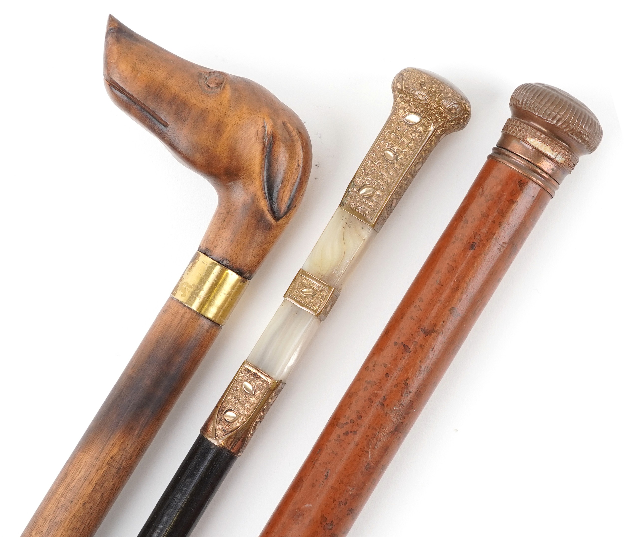 Dog's head hardwood walking stick, ebony gilt metal topped cane and a malacca cane with a gilt metal