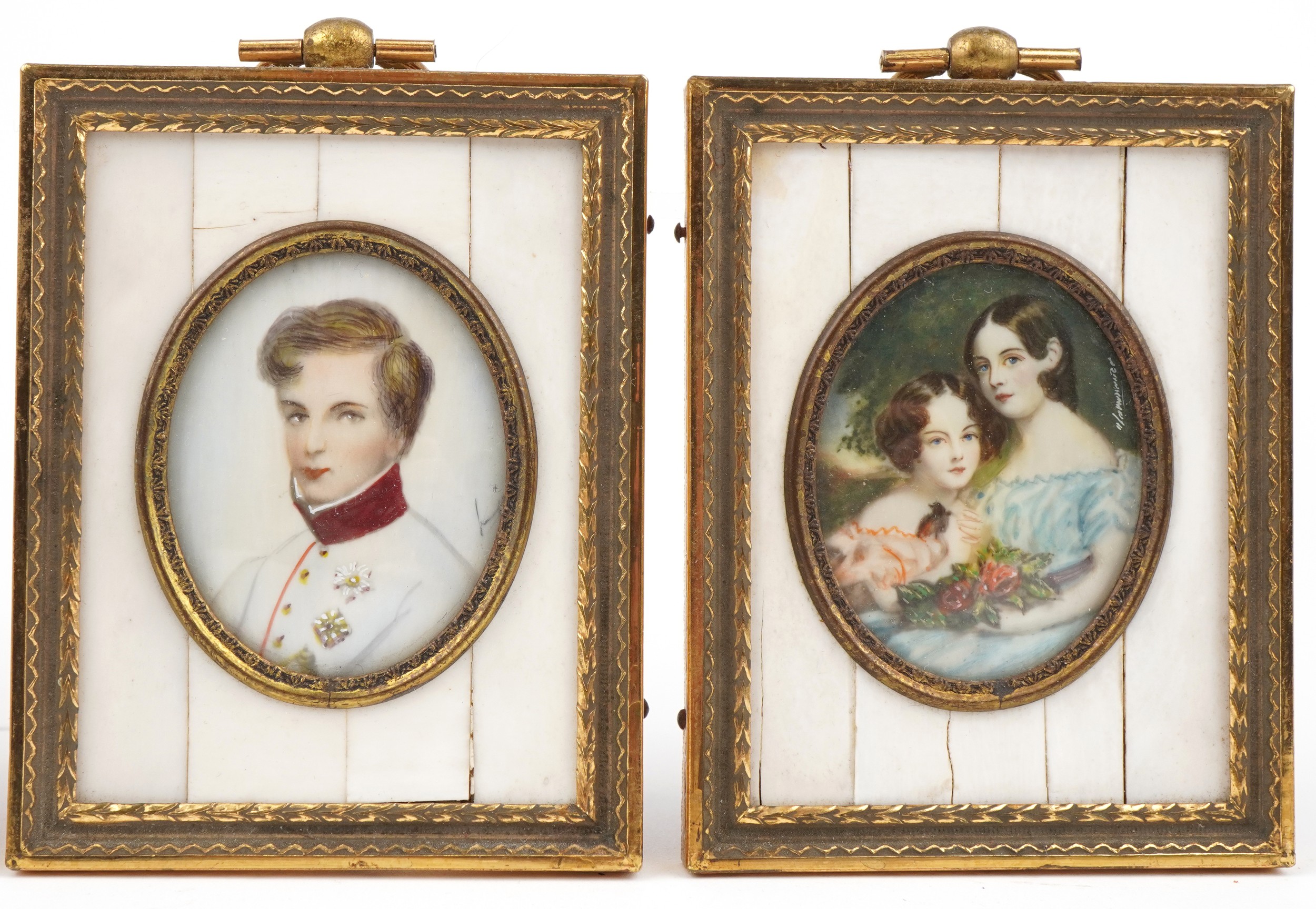 Four hand painted portrait miniatures including an oval example of two young females holding a - Image 3 of 6