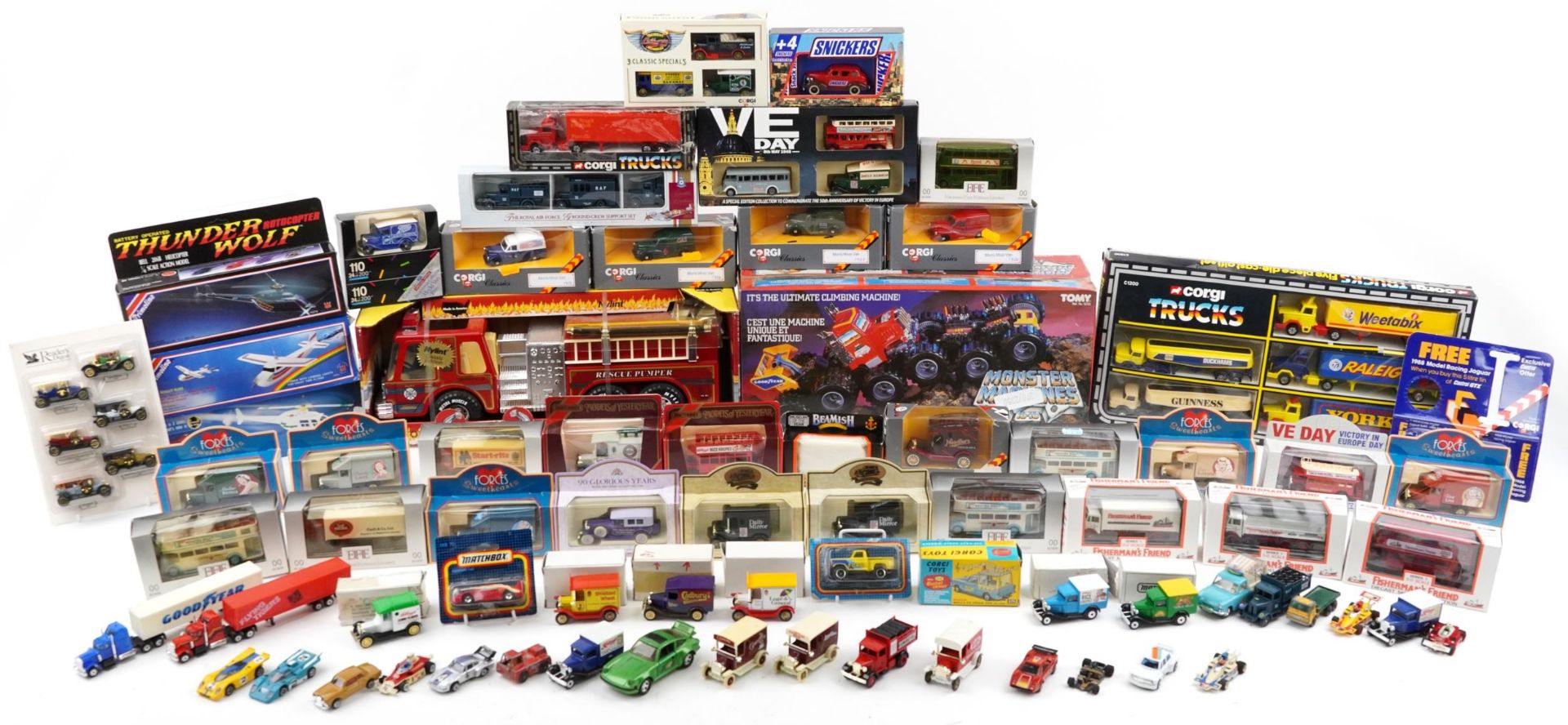Large collection of diecast vehicles with boxes, including Forces Sweethearts by Lledo and Corgi