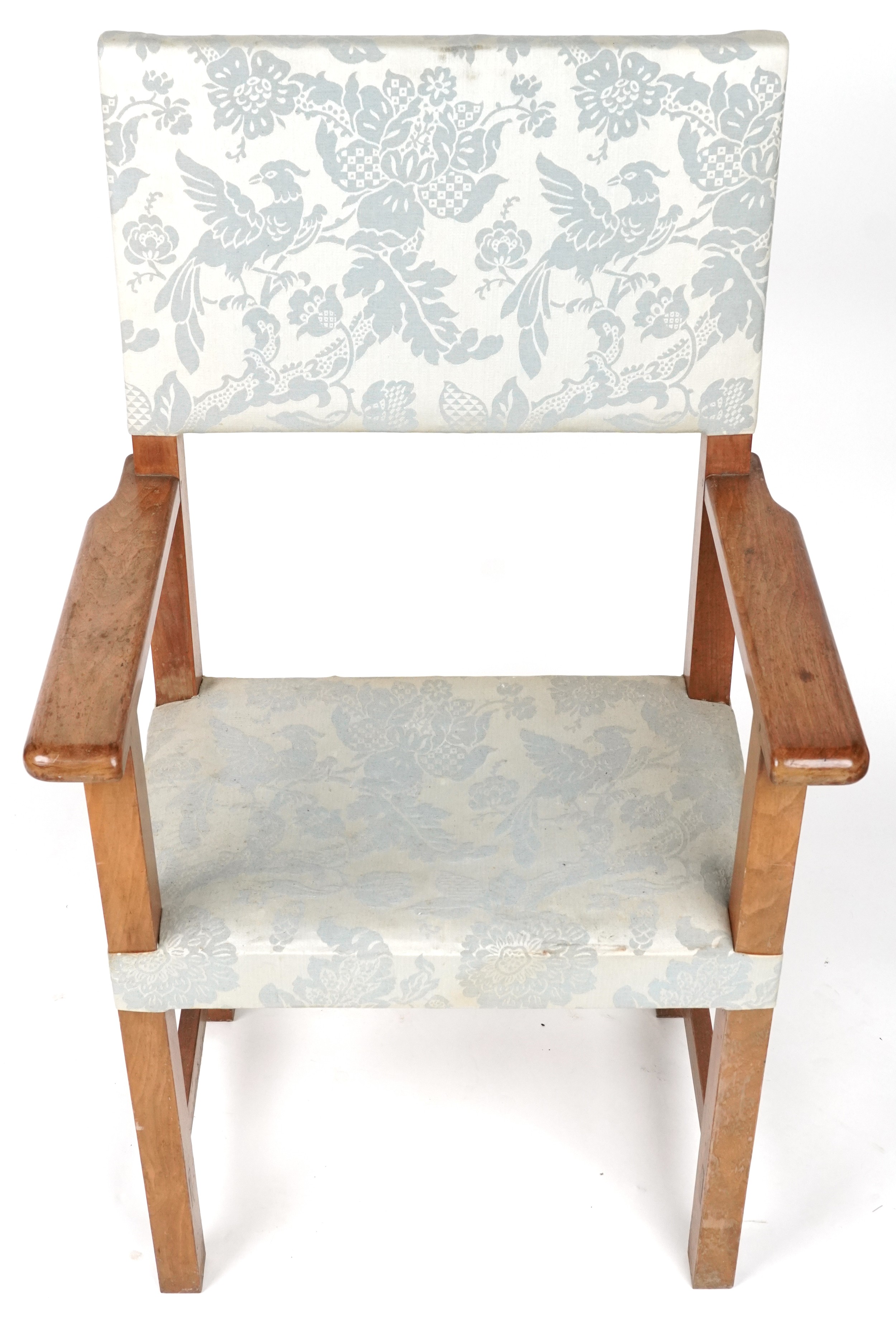 Arts & Crafts lightwood framed open armchair with bird of paradise upholstery, 118cm high - Image 3 of 4