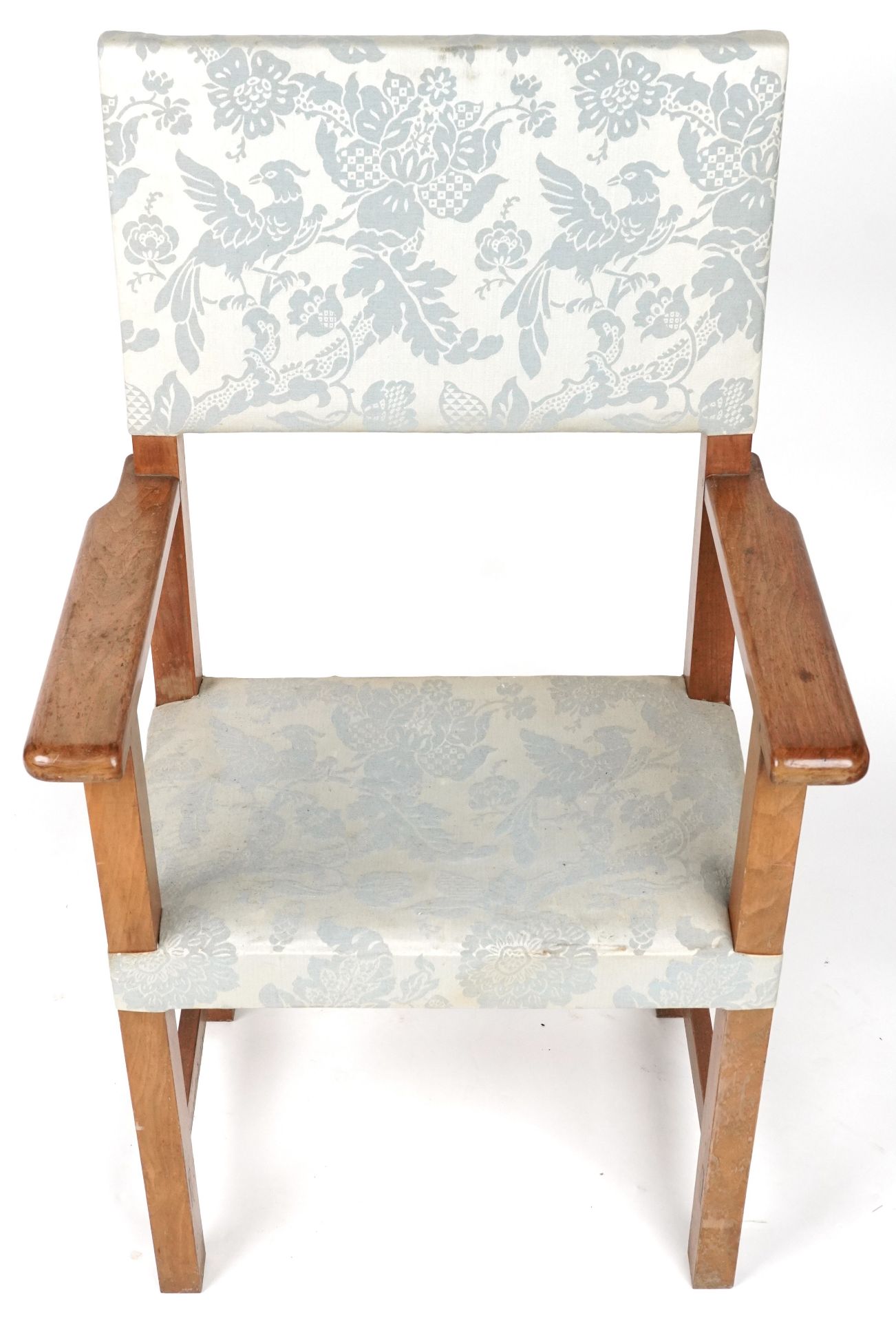 Arts & Crafts lightwood framed open armchair with bird of paradise upholstery, 118cm high - Image 3 of 4