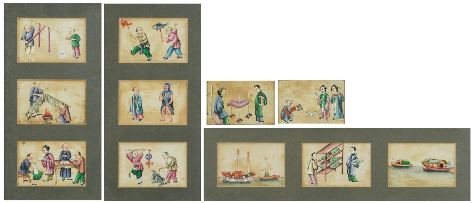 Eleven hand painted Chinese watercolours onto paper, each mounted and framed, the largest 41cm x