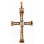 Renaissance Revival 9ct two tone gold diamond cross pendant stamped 0.27, 4cm high, 3.7g