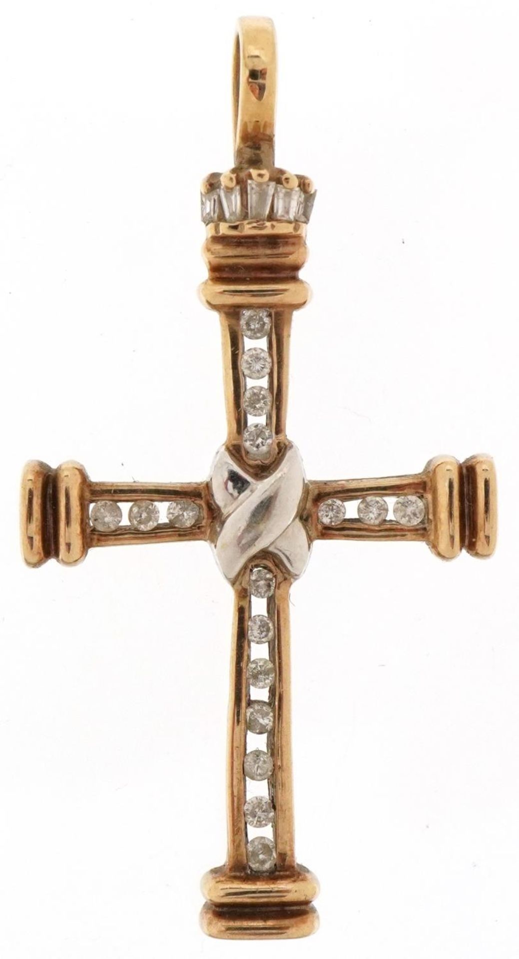 Renaissance Revival 9ct two tone gold diamond cross pendant stamped 0.27, 4cm high, 3.7g