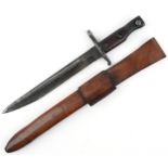 Military interest World War I Ross bayonet with leather scabbard, 39cm in length