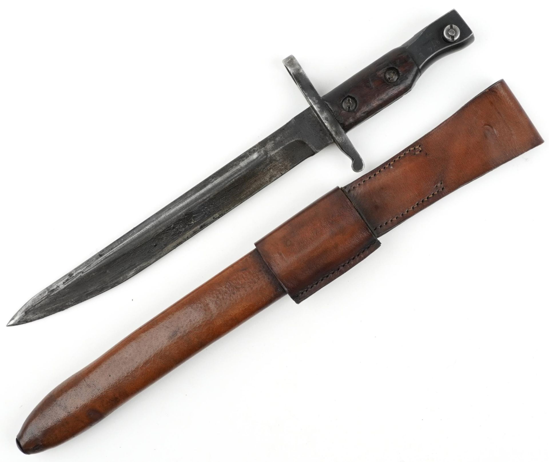 Military interest World War I Ross bayonet with leather scabbard, 39cm in length