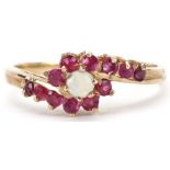 9ct gold opal and pink spinel crossover ring, size P, 2.0g