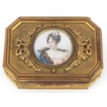French gilt brass box decorated with floral swags with inset hand painted panel of a maiden, 3.5cm H