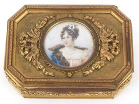 French gilt brass box decorated with floral swags with inset hand painted panel of a maiden, 3.5cm H