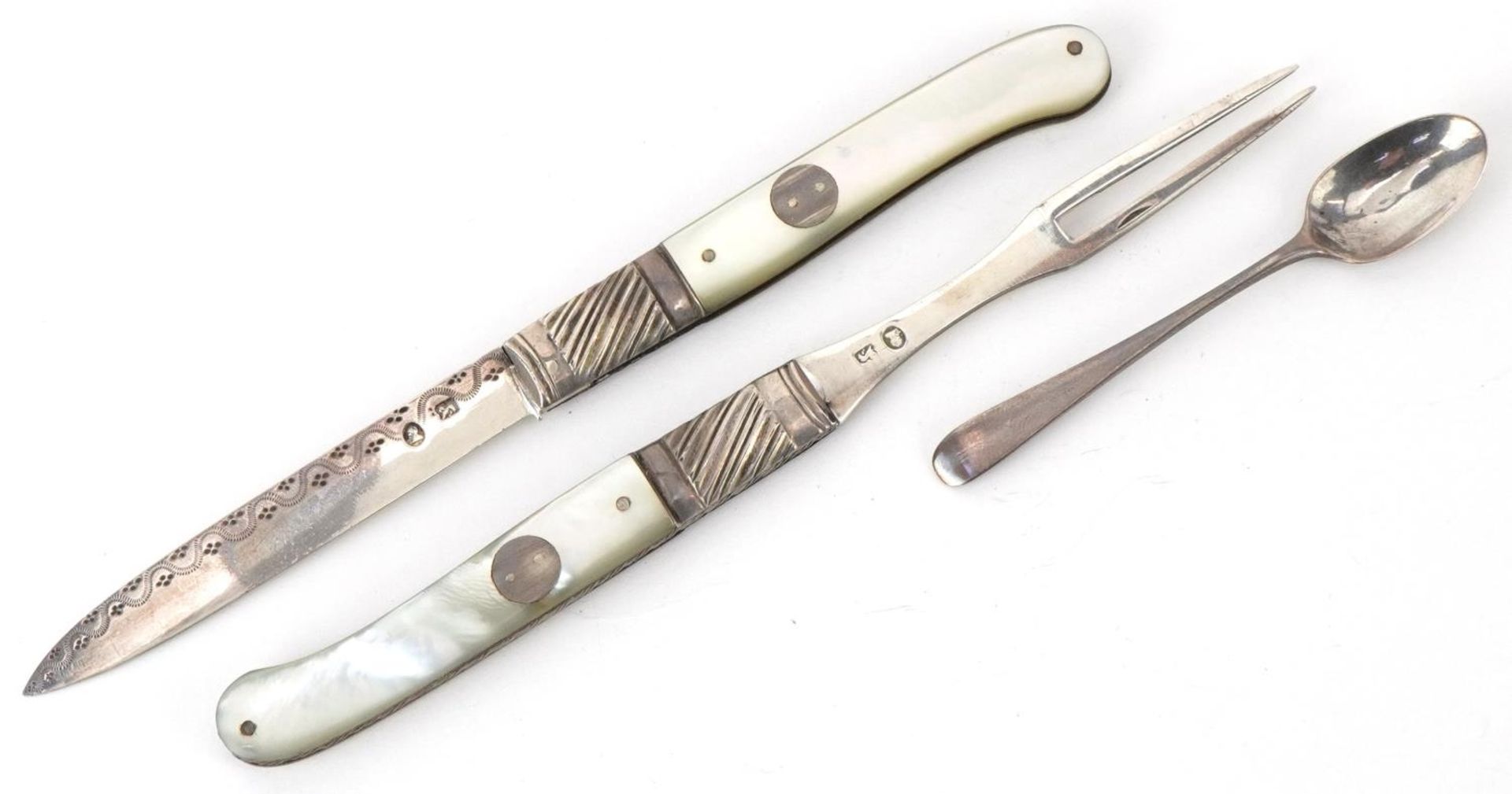 Georgian mother of pearl flanked silver folding fruit knife, fork and spoon set housed in a tooled - Image 2 of 7