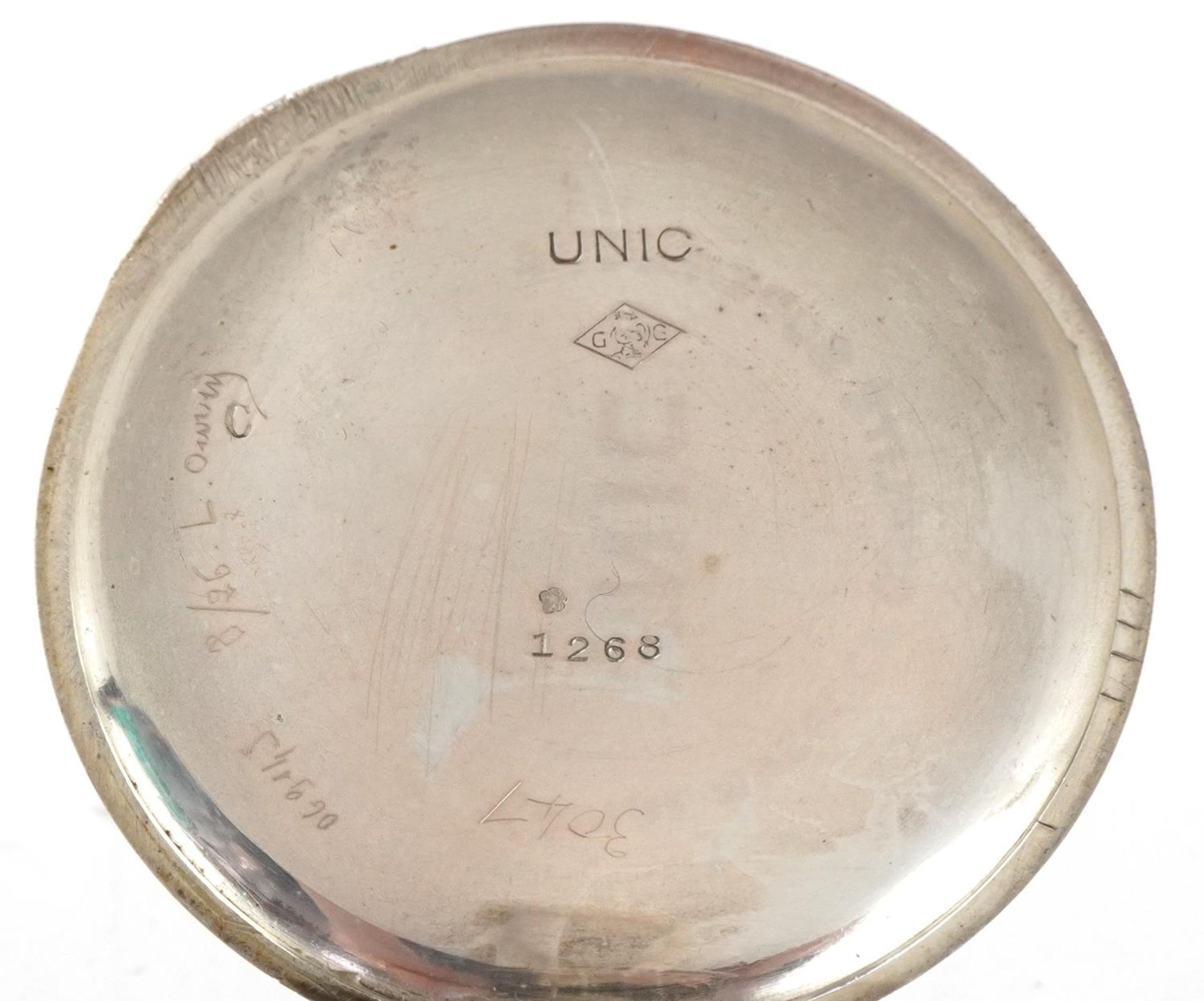 Unic, French Art Deco open face keyless pocket watch having enamelled and subsidiary dials with - Image 5 of 5