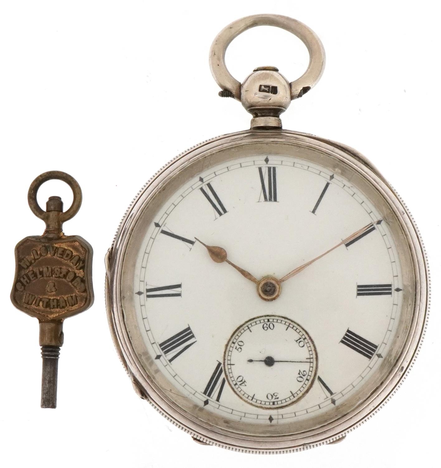 Victorian gentlemen's silver open face key wind pocket watch with key having enamelled and