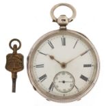 Victorian gentlemen's silver open face key wind pocket watch with key having enamelled and