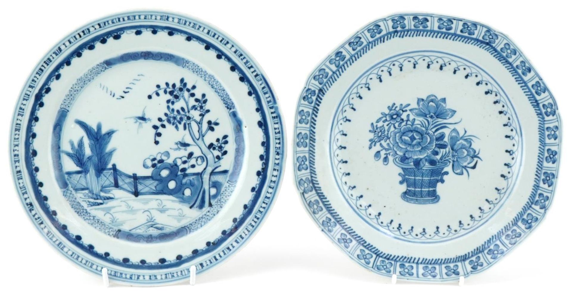 Two 18th century Chinese plates, one hand painted with a basket of flowers and one hand painted with