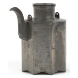 Chinese pewter teapot with octagonal body engraved with panels of flowers and calligraphy, impressed