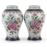 Pair of 19th century Samson porcelain baluster vases hand painted with flowers, each 11.5cm high