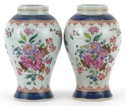 Pair of 19th century Samson porcelain baluster vases hand painted with flowers, each 11.5cm high