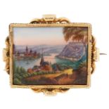 Antique unmarked gold brooch enamelled with a view of a Swiss lake, 4.5cm wide, 10.5g