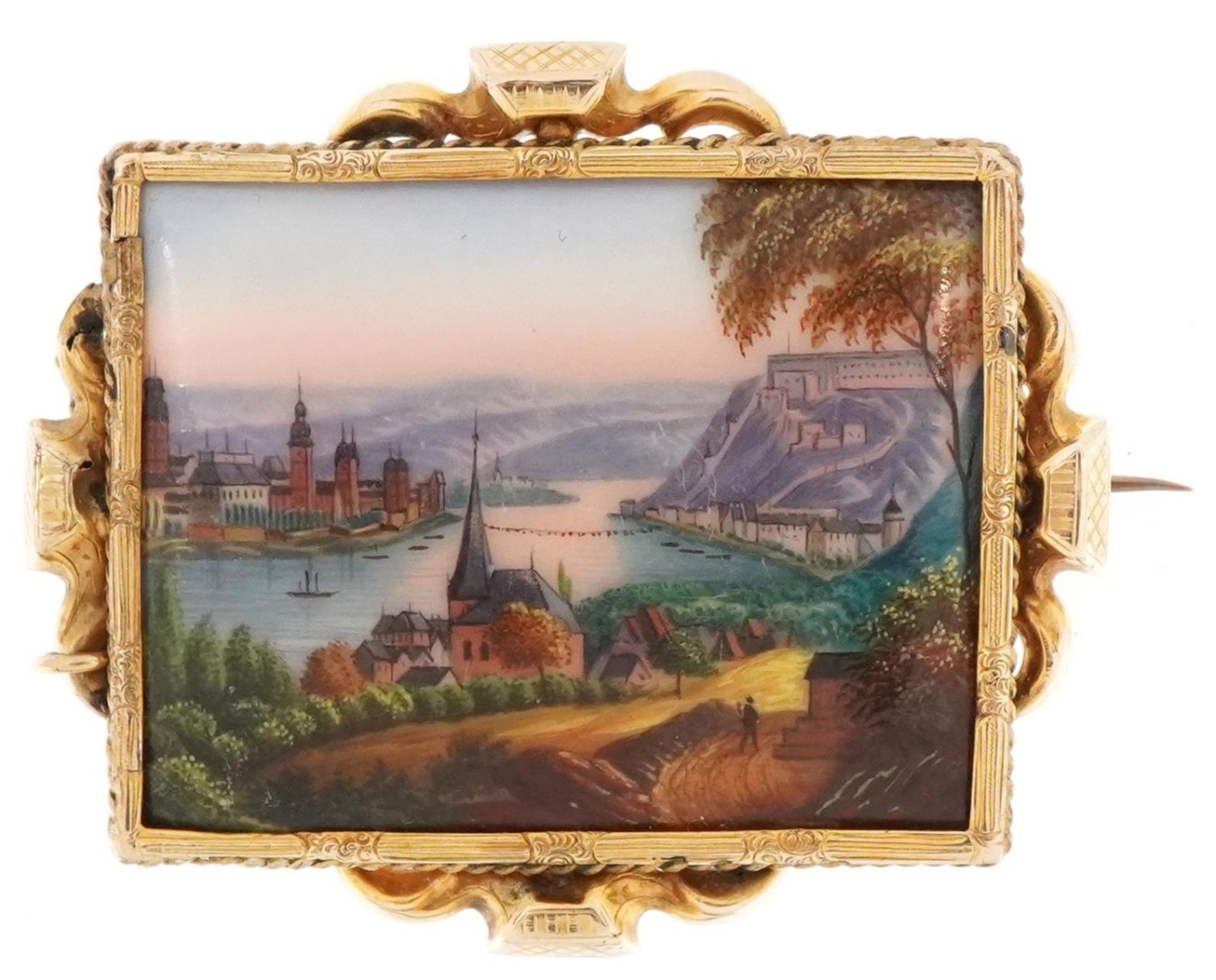 Antique unmarked gold brooch enamelled with a view of a Swiss lake, 4.5cm wide, 10.5g