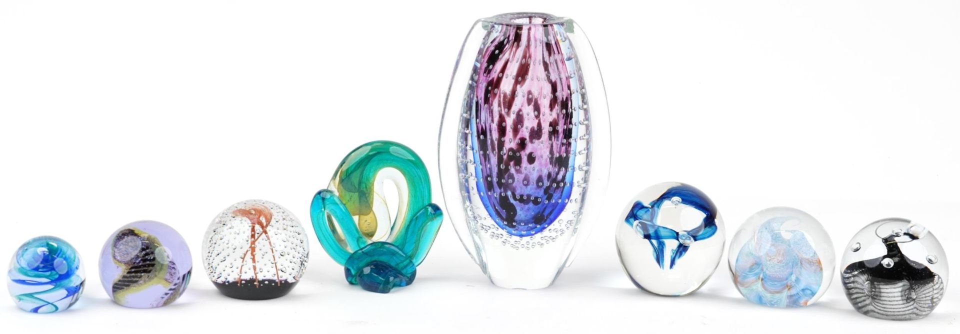 Art glassware including Murano style twin handled vase with controlled bubbles and Caithness