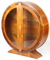 Art Deco walnut display cabinet with a pair of glazed doors enclosing two glass shelves, 128cm