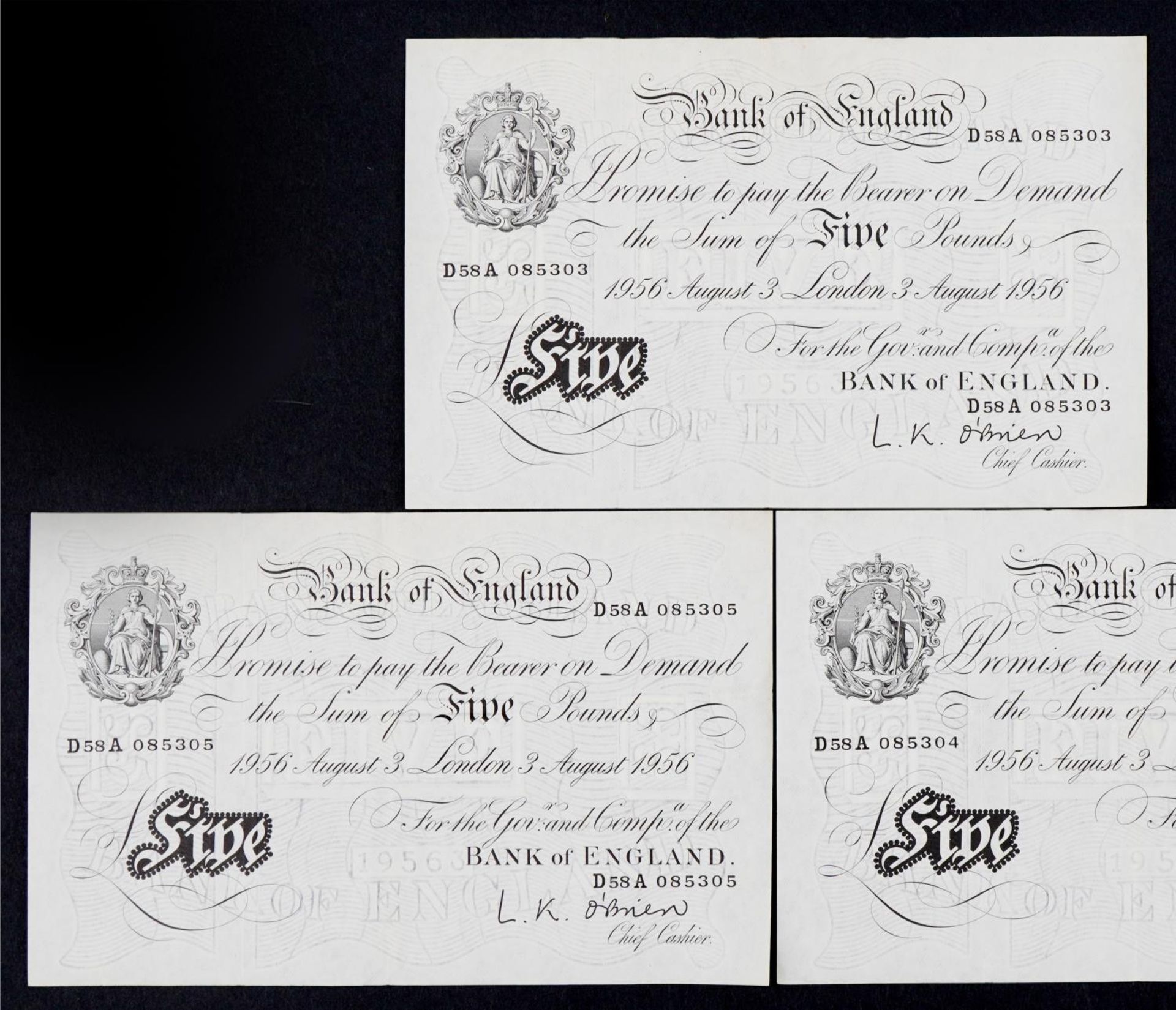 Three consecutive Bank of England 1956 white five pound notes, Chief Cashier L K O'Brien, serial - Bild 2 aus 4