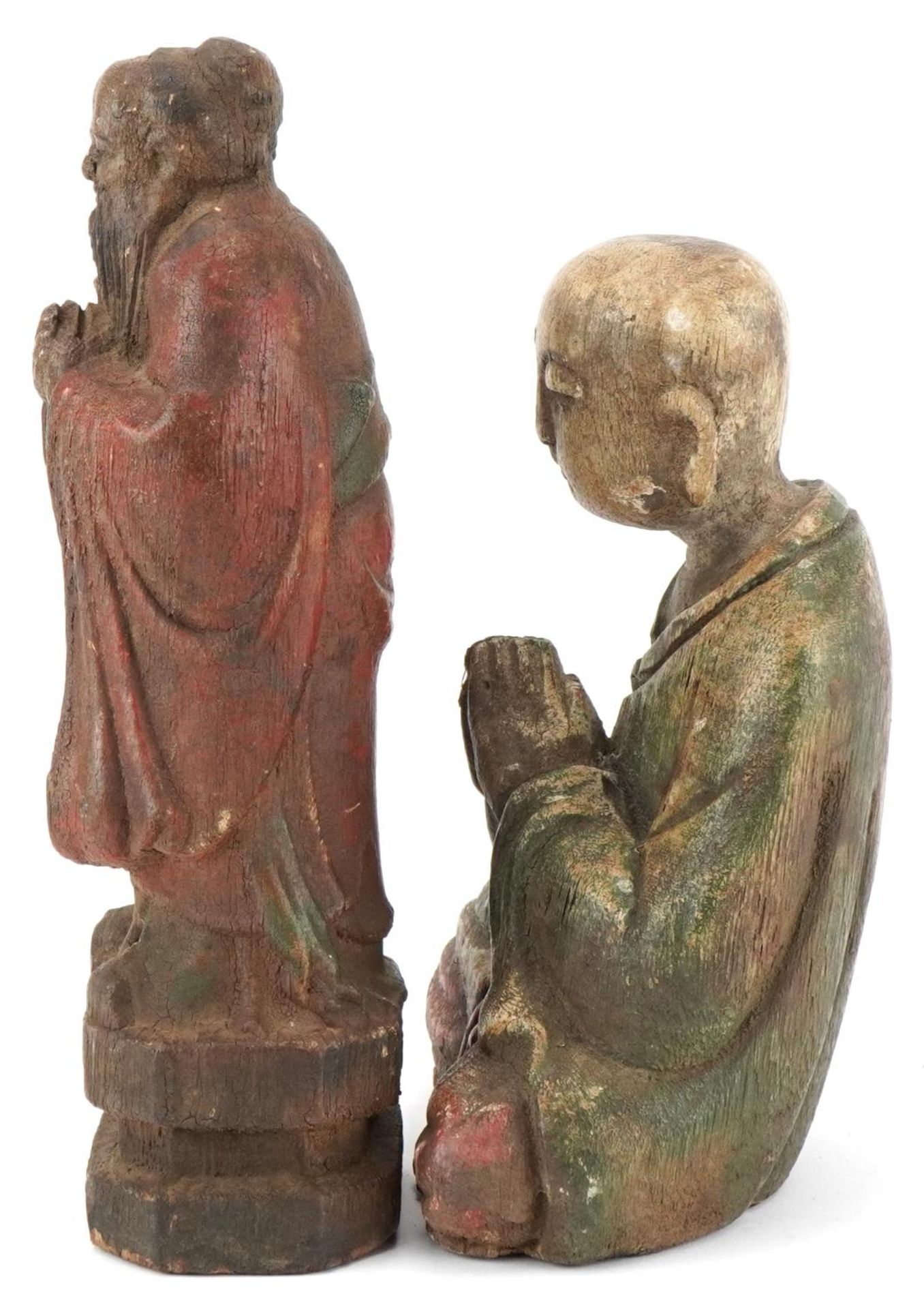 Chinese polychrome painted carved wood seated Buddha and an Elder figure, the largest 27cm high - Image 2 of 6