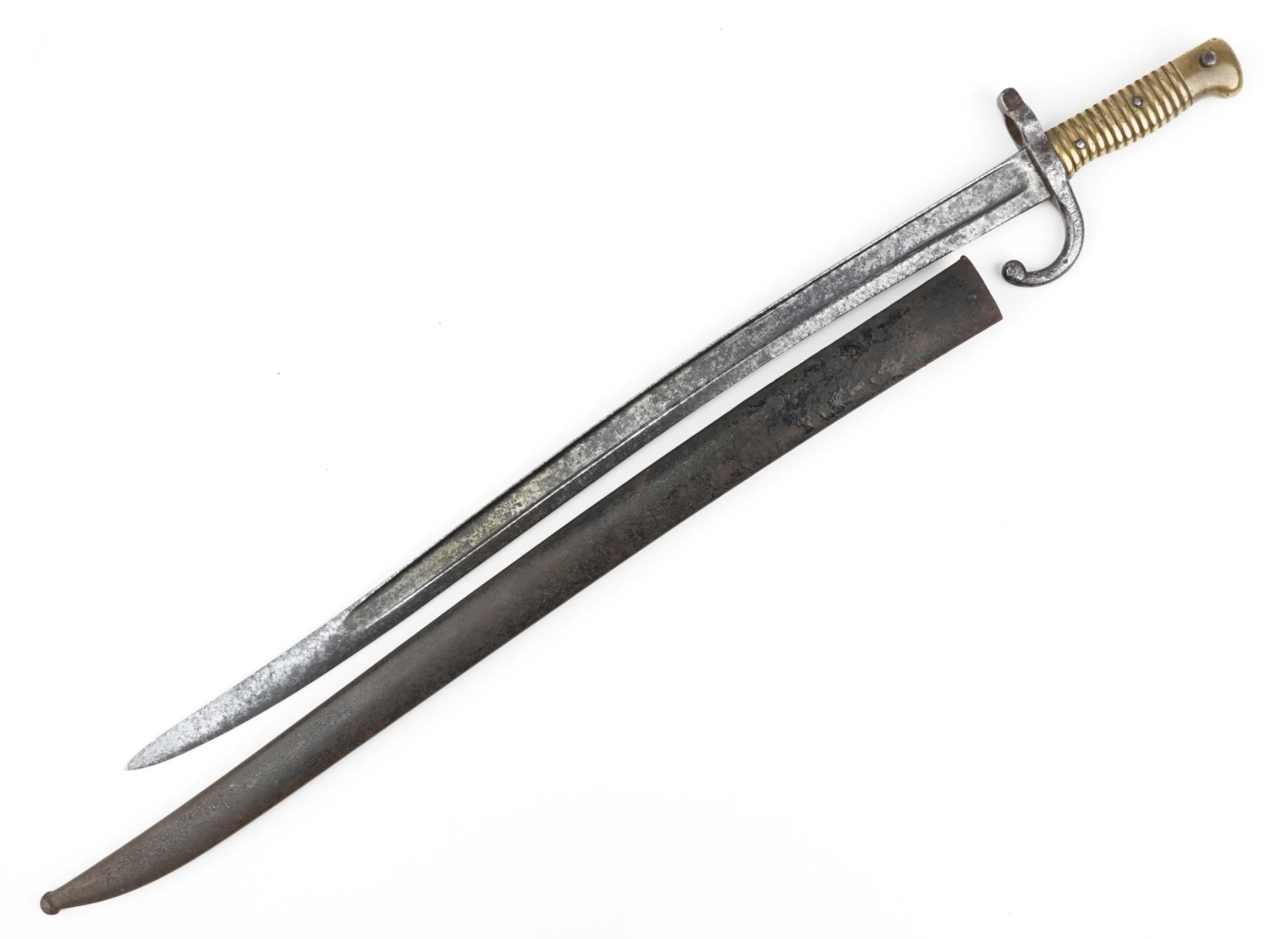 French military interest bayonet with scabbard and steel blade, 71cm in length - Image 2 of 6