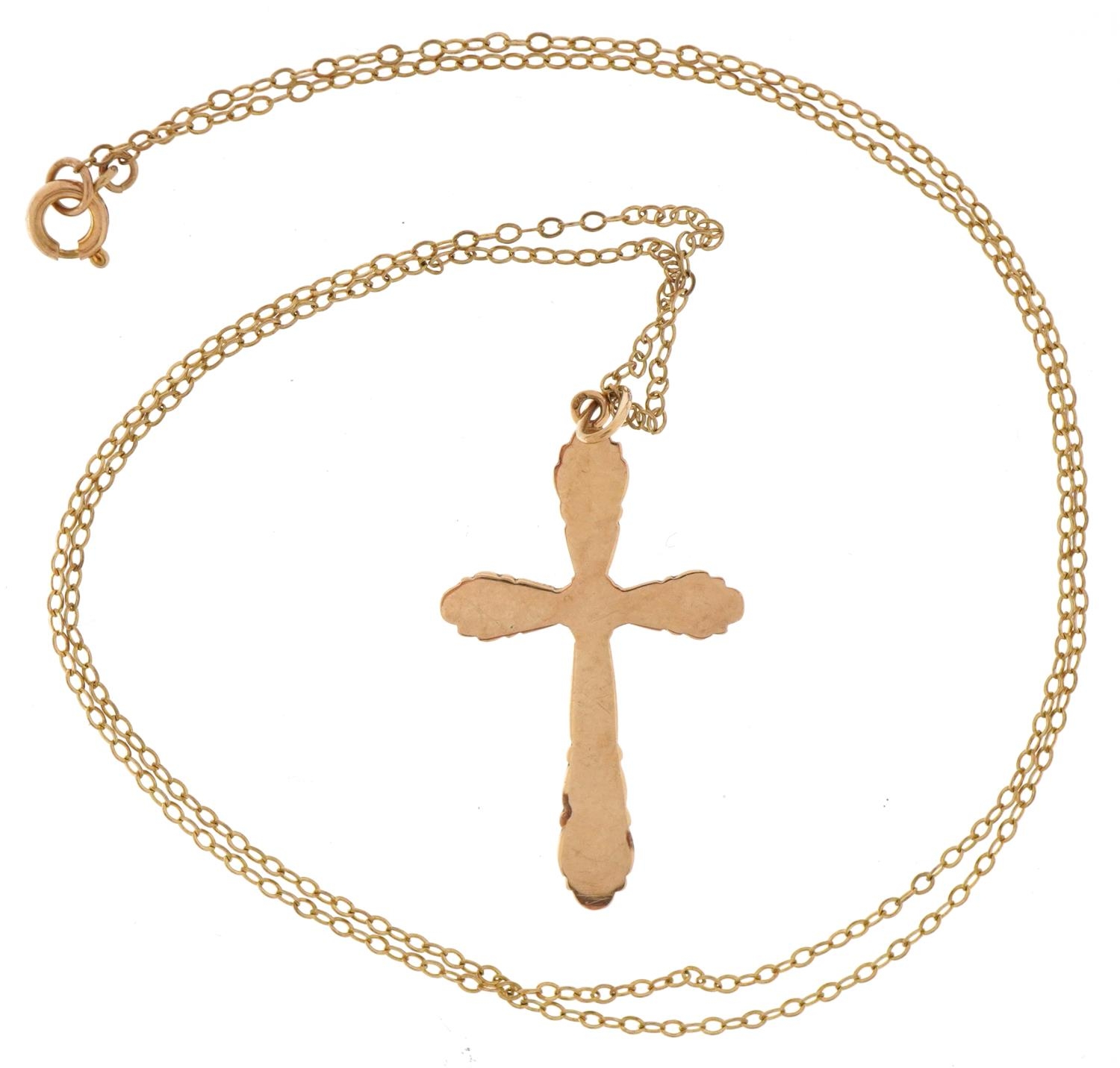 9ct gold cross pendant on a 9ct gold necklace, 3.5cm high and 48cm in length, total 1.7g - Image 3 of 3