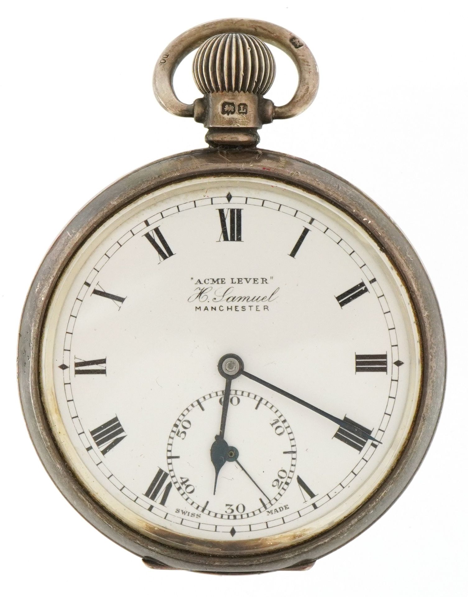 H Samuel, George V gentlemen's silver Acme Lever open face keyless pocket watch having enamelled and